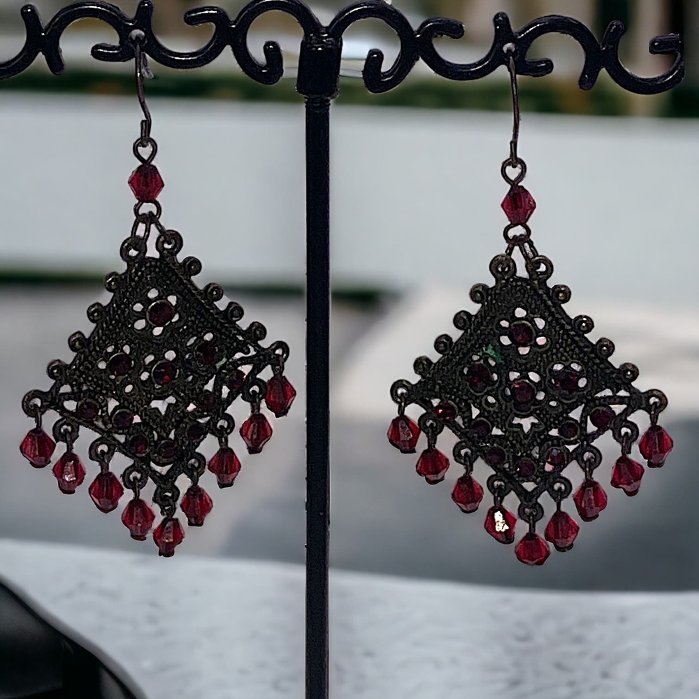 Boho Red Crystal Dangles and Bronze 2.25 Inch Earrings!